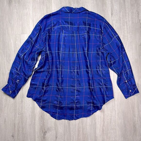 Women's Plus Size Royal Blue Metallic Plaid Button Down Shirt 2X - Picture 6 of 6